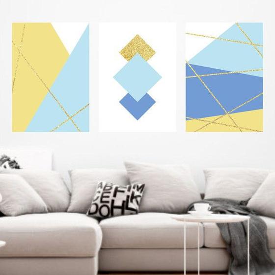 Imagem de Kit 3 Quadros Decorativos Geométrico Azul Claro 45x34cm