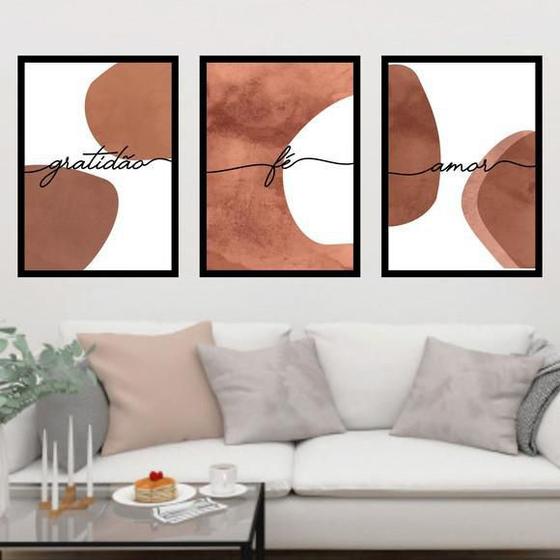 Imagem de Kit 3 Quadros Decorativos Gratidão Fé Amor Marrom 45X34Cm