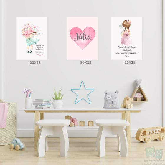 Imagem de Kit 3 Quadros Decorativos infantil Menina Aquarela