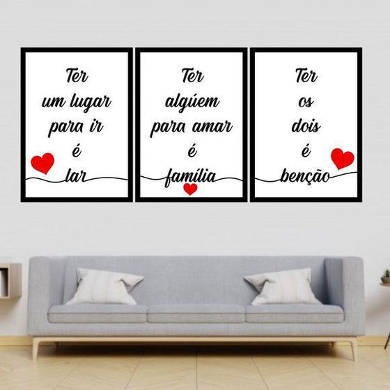 Imagem de Kit 3 Quadros Decorativos Lar, Família, Benção - Branco 45x34cm