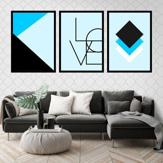 Imagem de Kit 3 Quadros Decorativos Love Geométrico Azul Claro 45x34cm