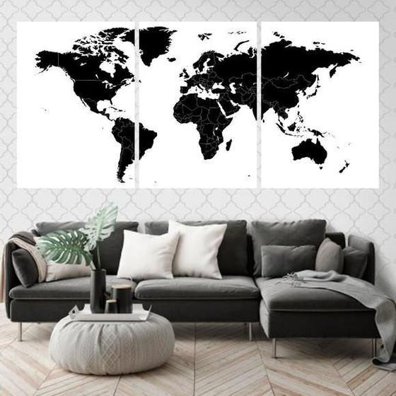 Imagem de Kit 3 Quadros Decorativos Mapa Mundi Preto 34x23Cm