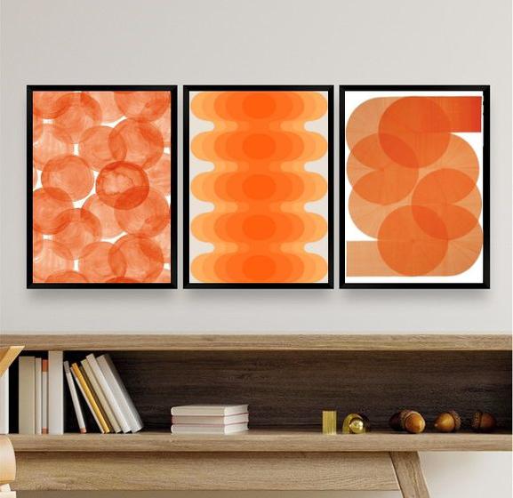 Imagem de Kit 3 Quadros Decorativos Minimalistas Abstratos Laranjas 33x24cm - com vidro