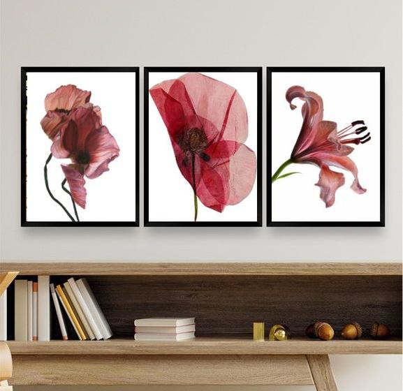 Imagem de Kit 3 Quadros Decorativos Modernos Flores- Vinho Marsala 45x34cm