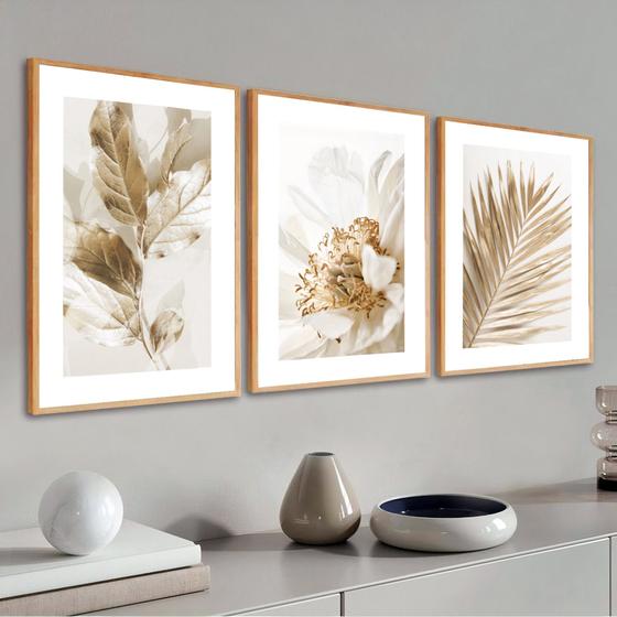 Imagem de Kit 3 Quadros Decorativos Moldura Sala Grande Moderno Folhagem Dourada Gold