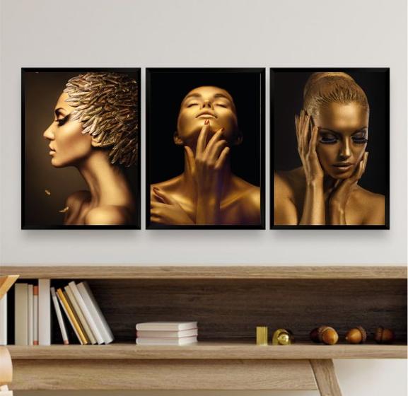 Imagem de Kit 3 Quadros Decorativos Mulheres Douradas 33x24cm