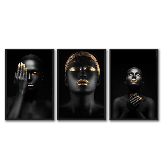 Kit 3 Quadros Decorativos Mulheres Negras Dourado Gold 30x40 Menor preço em Kit 3 Quadros Decorativos Mulheres Negras Dourado Gold 30x40