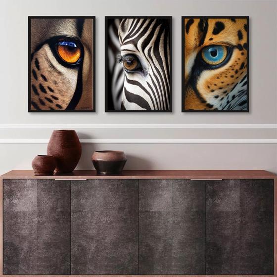 Imagem de Kit 3 Quadros Decorativos Olhos De Animais 24x18cm - com vidro