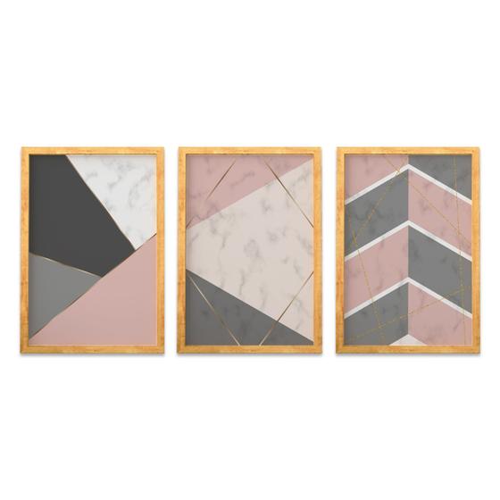 Imagem de Kit 3 Quadros Decorativos Para Quarto Abstrato Moldura e Vidro Geométrico Rosa