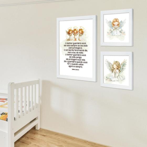 Imagem de Kit 3 Quadros Decorativos para Quarto Infantil Bebê com Moldura Oração Anjo Nossa Senhora Jesus com Vidro
