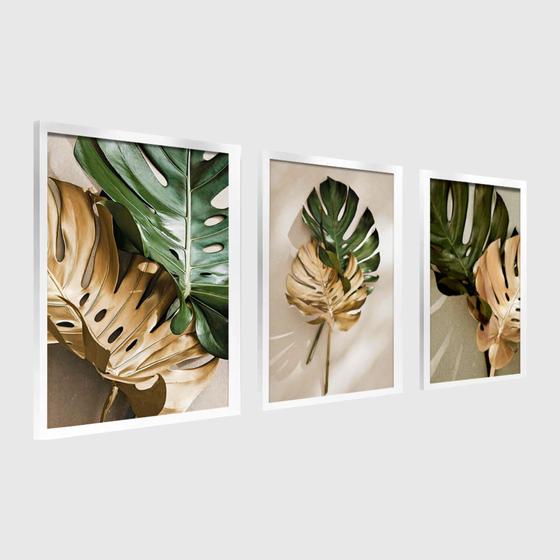 Imagem de Kit 3 Quadros Decorativos Para Sala Modernos 40X60 Moldura Folhagem Verde e Dourado Grande