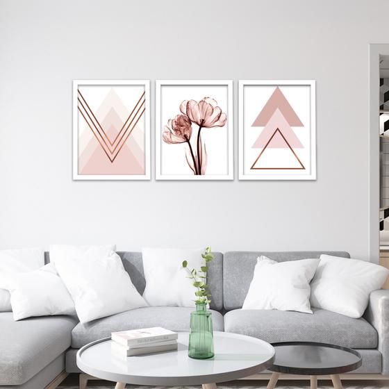 Imagem de Kit 3 Quadros Decorativos Para Sala Modernos Moldura 40x60 Geométrico Floral Flores Quarto Feminino