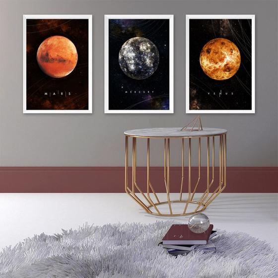 Imagem de Kit 3 Quadros Decorativos Planetas 33x24cm - com vidro