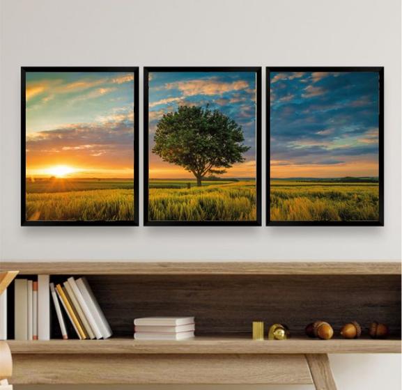 Imagem de Kit 3 Quadros Decorativos Por Do Sol ComÁrvore 33x24cm - com vidro