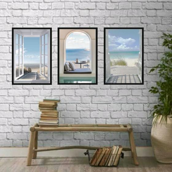 Imagem de Kit 3 Quadros Decorativos Praia 24x18cm - com Vidro