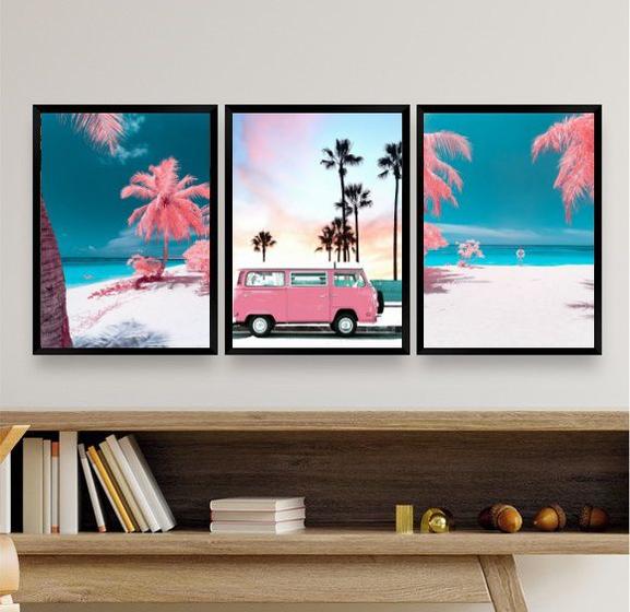 Imagem de Kit 3 Quadros Decorativos Praia KombiRosa 33x24cm