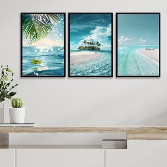 Imagem de Kit 3 Quadros Decorativos Praia Paradizíaca 24X18Cm - Vidro