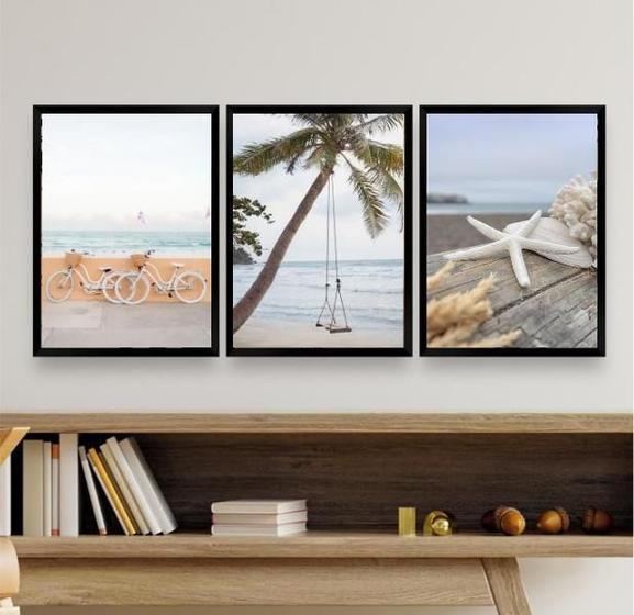 Imagem de Kit 3 Quadros Decorativos Praia Soft 24x18cm - Madeira Preta