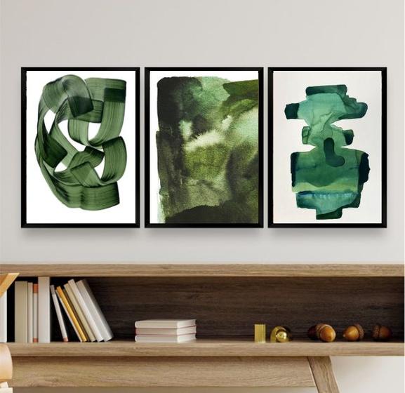 Imagem de Kit 3 Quadros Decorativos Sala Abstratos Verde Escuro 33x24cm