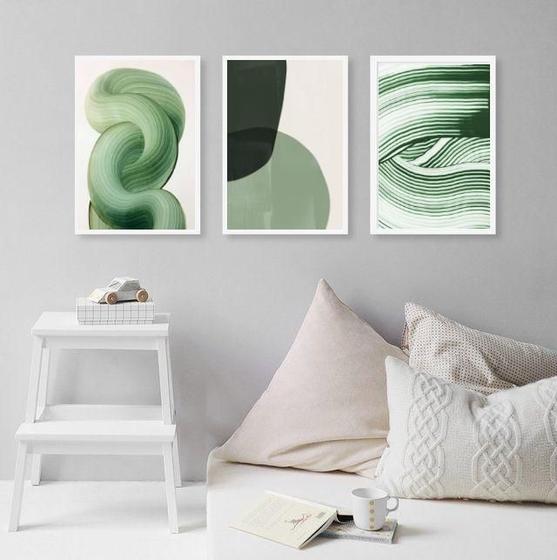 Imagem de Kit 3 Quadros Decorativos Sala Abstratos Verdes Claro