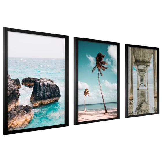 Imagem de Kit 3 Quadros Decorativos Sala Grande Moderno Moldura Praia Mar