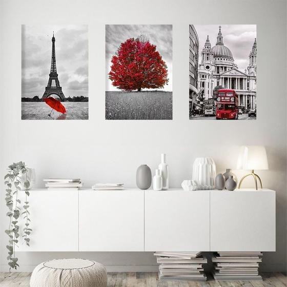 Imagem de Kit 3 Quadros Decorativos Torre Londres - Torre Eiffel - Arvore - Pronta Entrega