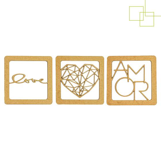 Imagem de Kit 3 Quadros Decorativos Vazado em MDF Tema Love Amor Coração 20x20