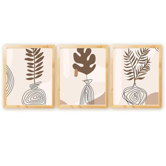 Imagem de Kit 3 Quadros Decorativos Verde Folhagem Natureza Plantas Boho c/ Moldura Natural 40cm