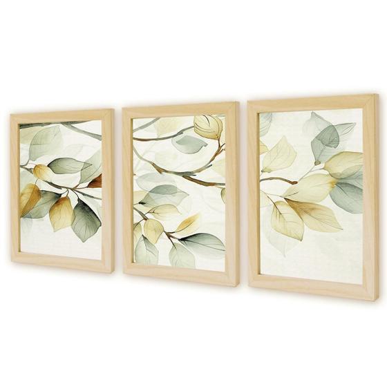 Imagem de Kit 3 Quadros Decorativos Verde Folhagem Natureza Plantas Boho c/ Moldura Natural e vidro