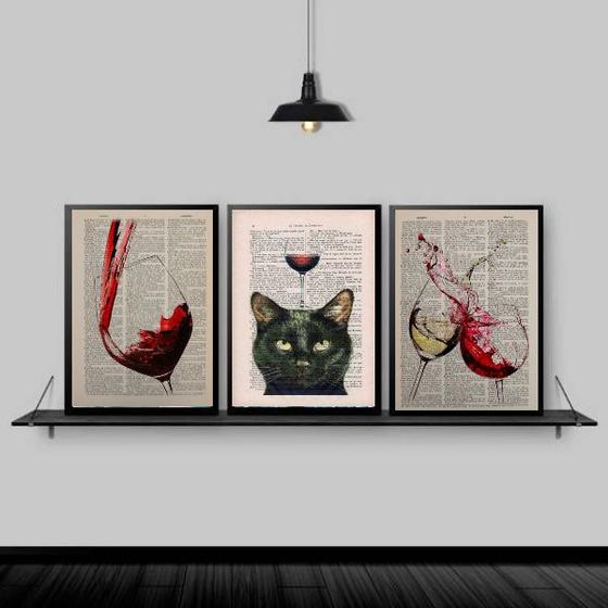 Imagem de Kit 3 Quadros Decorativos Vinhos E Gato 24x18cm - com vidro