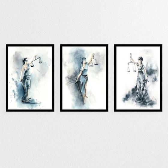 Imagem de Kit 3 Quadros Deusa Da Justiça Aquarela Azul 33x24cm