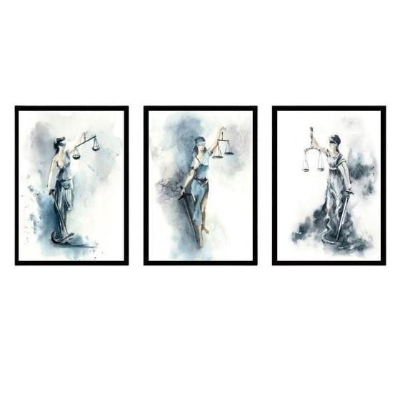 Imagem de Kit 3 Quadros Deusa Da Justiça Aquarela ul 33X24Cm - Preta