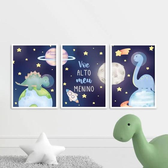 Imagem de Kit 3 Quadros Dinossauro Astronauta Voe alto 24x18cm - com vidro