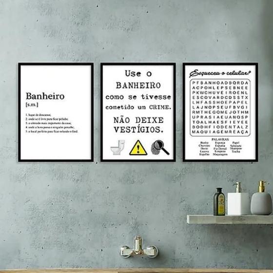 Imagem de Kit 3 Quadros Divertidos Para Banheiro 33X24Cm - Com Vidro