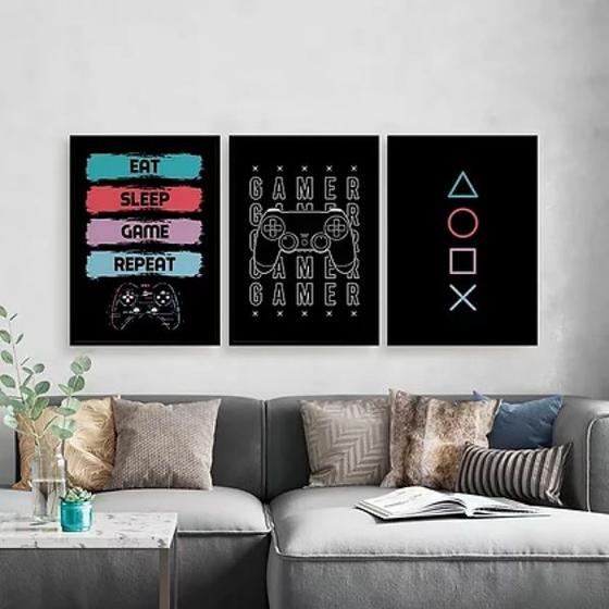 Imagem de Kit 3 Quadros Eat Sleep Game Repeat 33x24cm - com vidro