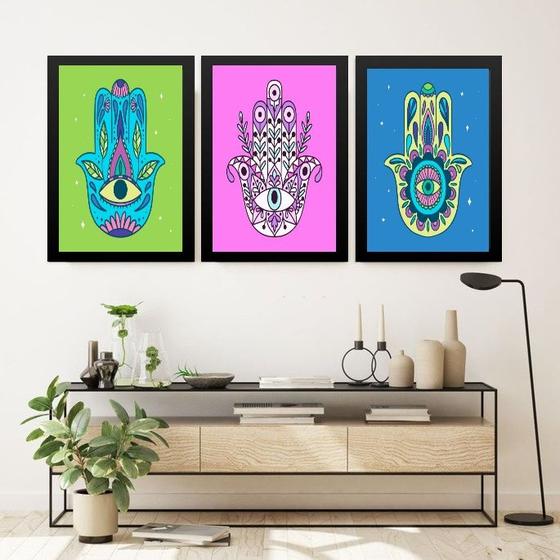 Imagem de Kit 3 Quadros Esotéricos Olhos Gregos Hamsa 24x18cm - com vidro