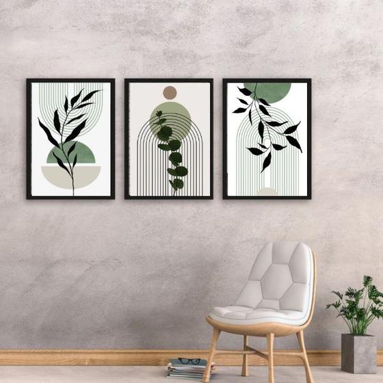Imagem de Kit 3 Quadros Estilo Boho Folhas Verdes 33x24cm