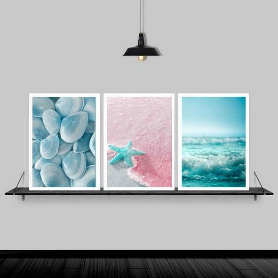 Imagem de Kit 3 Quadros Estrela Do Mar Rosa E Azul 33x24cm - com vidro