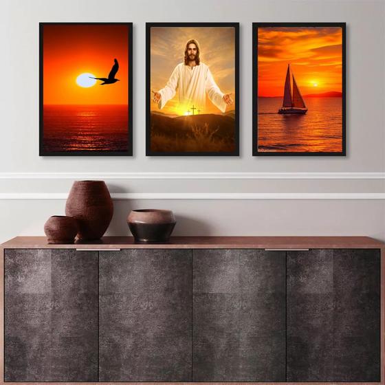 Imagem de Kit 3 Quadros Evangélicos Jesus Por Do Sol 45x34cm