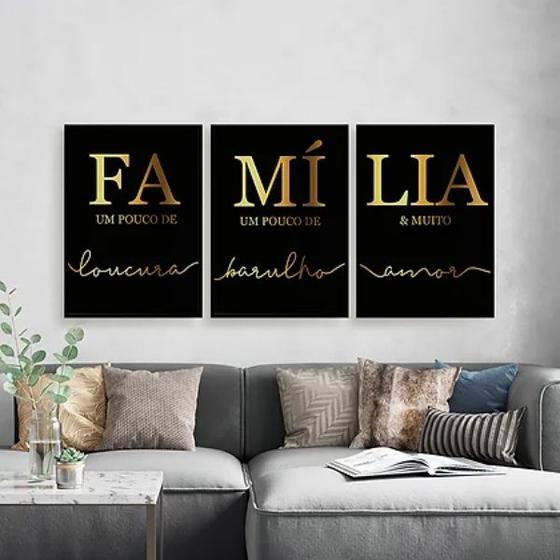 Imagem de Kit 3 Quadros Família Preto Com Dourado 24x18cm