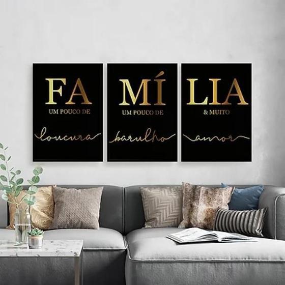 Imagem de Kit 3 Quadros Família Preto E Dourado 45X34Cm Madeira Branca