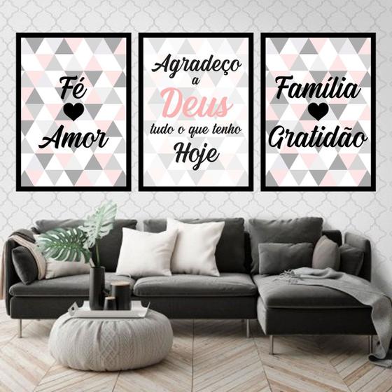 Imagem de Kit 3 Quadros Fé, Amor, Família Triângulos 33x24cm - com vidro