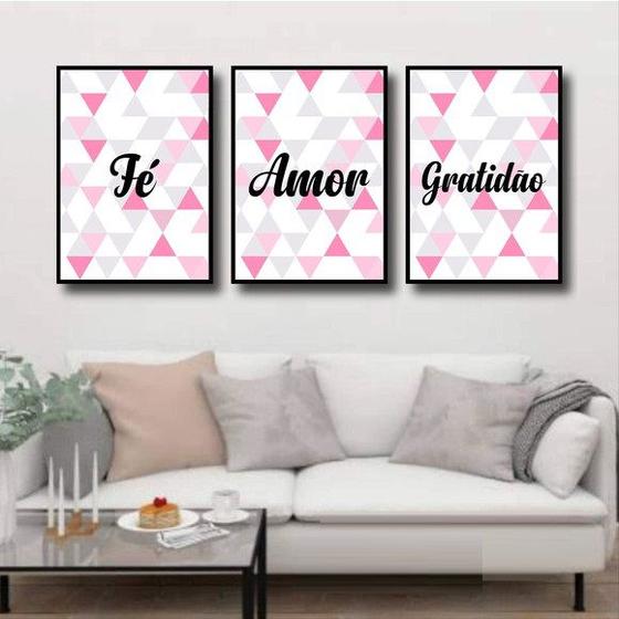 Imagem de Kit 3 Quadros Fé, Amor, Gratidão Geométrico 33x24cm - com vidro