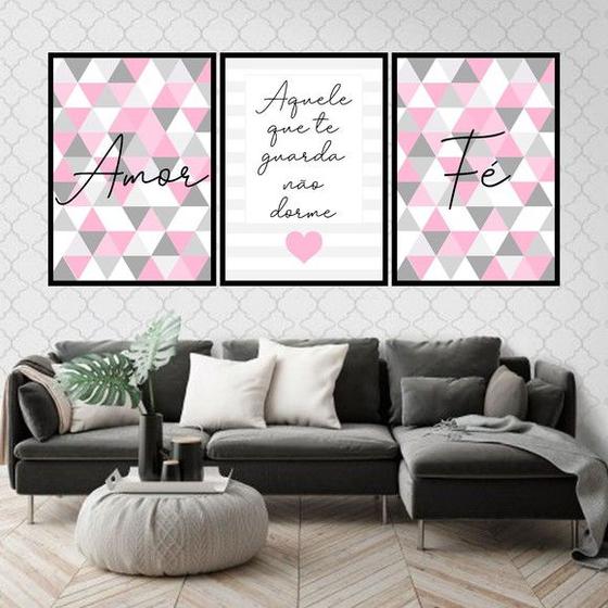 Imagem de Kit 3 Quadros Fé Amor Triângulos Rosa 24x18cm - com vidro