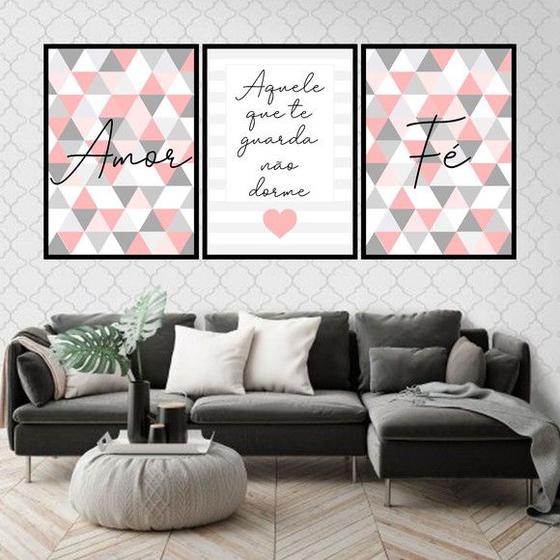 Imagem de Kit 3 Quadros Fé Amor Triângulos Salmon 24x18cm - com vidro