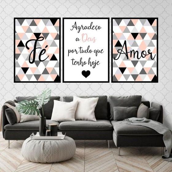 Imagem de Kit 3 Quadros Fé e Amor - Triângulos 24x18cm - com vidro