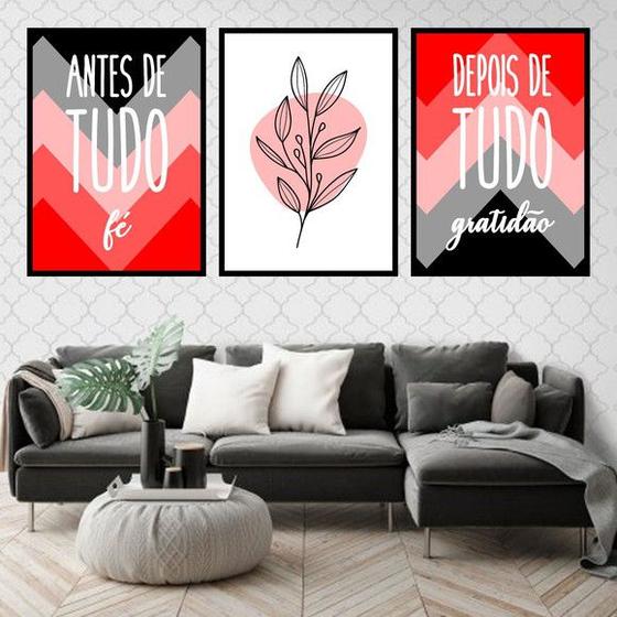 Imagem de Kit 3 Quadros Fé Gratidão Vermelho e Preto 33x24cm - com vidro