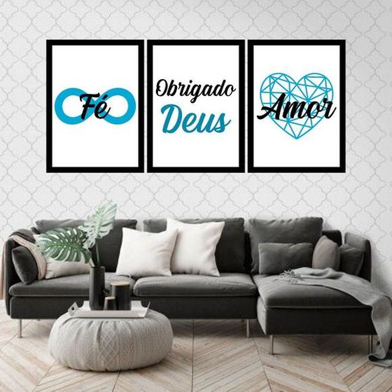 Imagem de Kit 3 Quadros Fé, Obrigado Deus, Amor Azul 24x18cm - com vidro