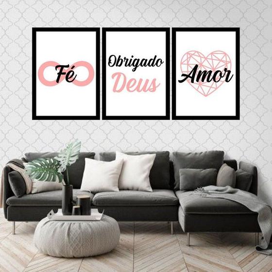 Imagem de Kit 3 Quadros Fé, Obrigado Deus e Amor 33x24cm - com vidro