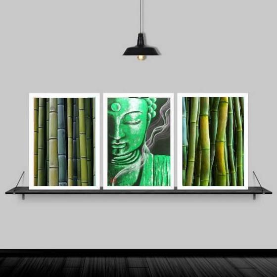 Imagem de Kit 3 Quadros Feng Shui Buda Bambu 33X24Cm Moldura Preta